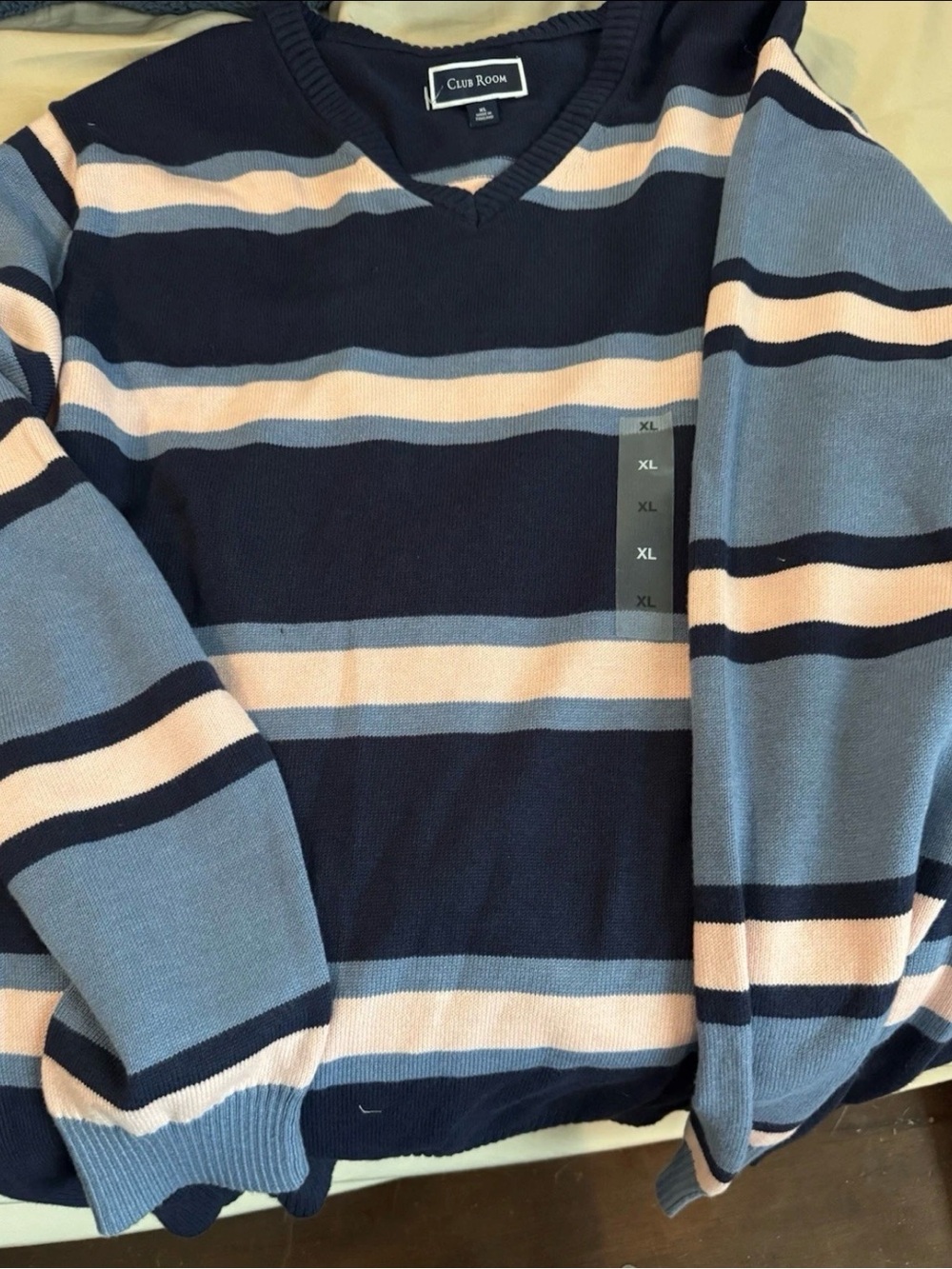 Club Room Navy, Light Blue & Cream Striped V-Neck Pullover